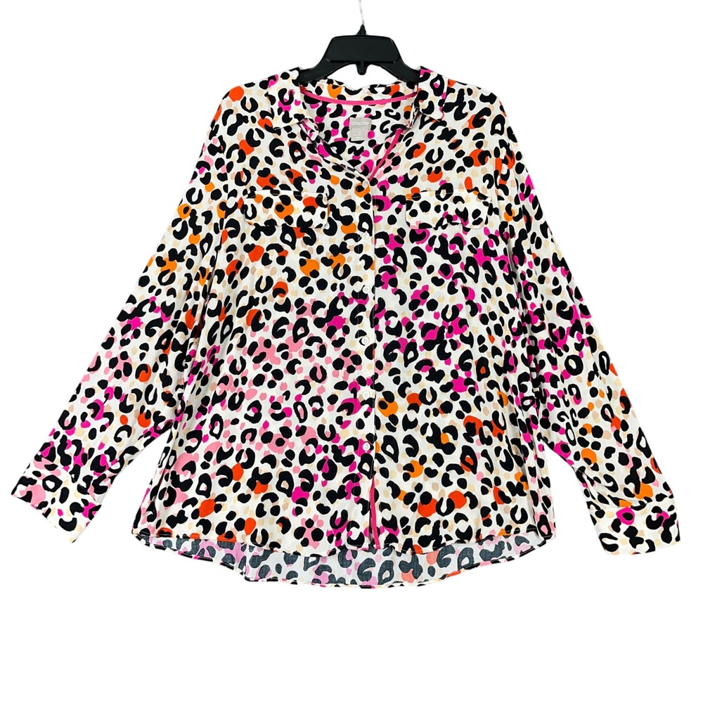 Chicos Leopard Print Button Front Blouse Women 18 Flowy Relaxed Fit Layered Bold